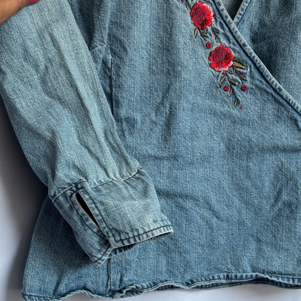 New York & Company Women’s Denim Wrap Blouse with Red Floral Embroidery, Small - Picture 8 of 8